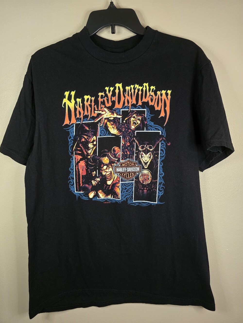 Harley Davidson DOUBLE SIDED Joker  Maverick Dallas Texas Mens Large Uneven Hem